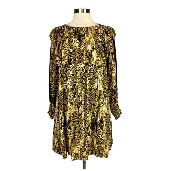 ba&sh Womens SYM Dress Ochre Snake Print Ruffle Swing Smocked Cuffs size 10 - Picture 7 of 16